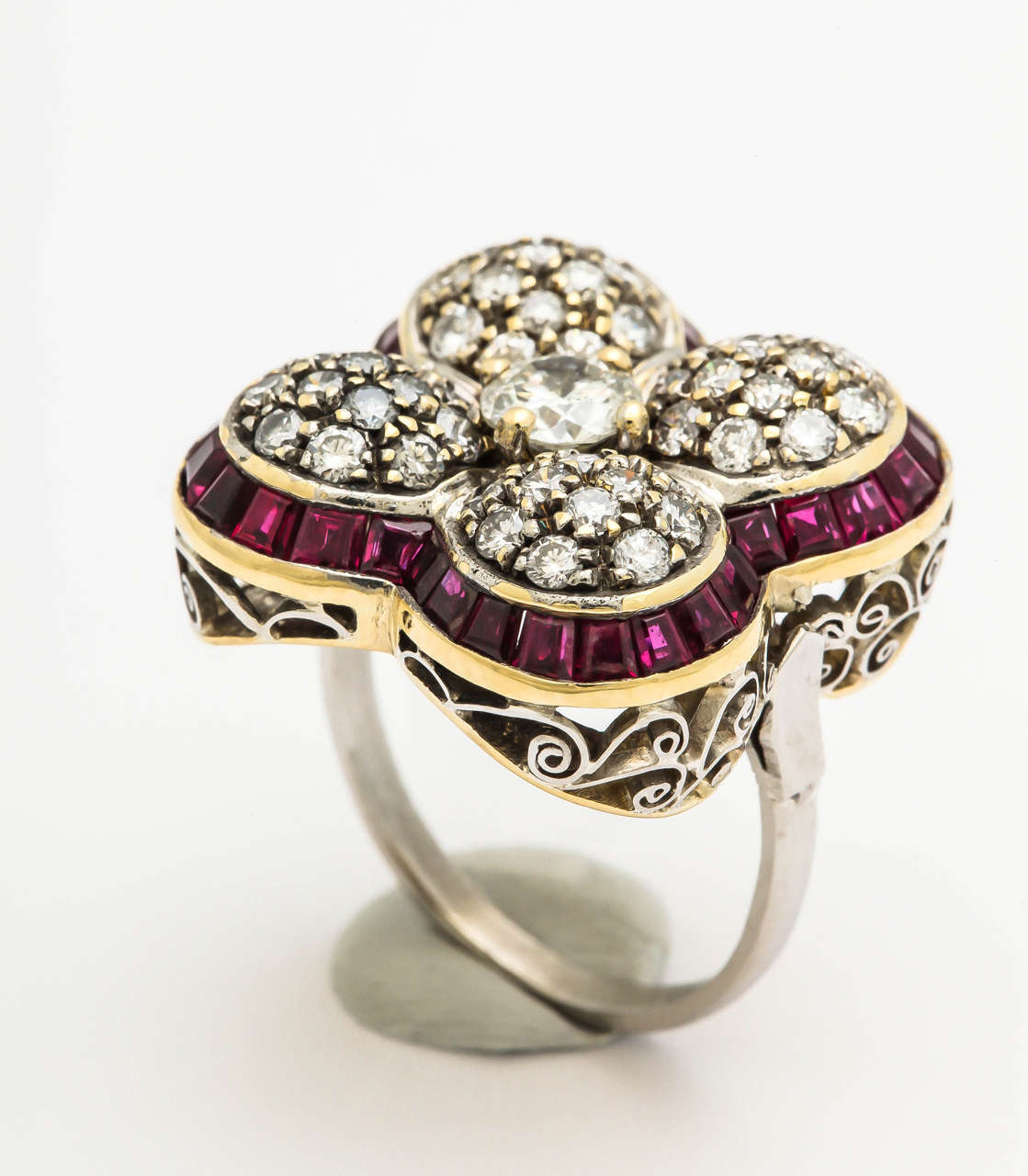 Art Deco Ruby Diamond Gold Platinum Four Leaf floral Cocktail Ring 1