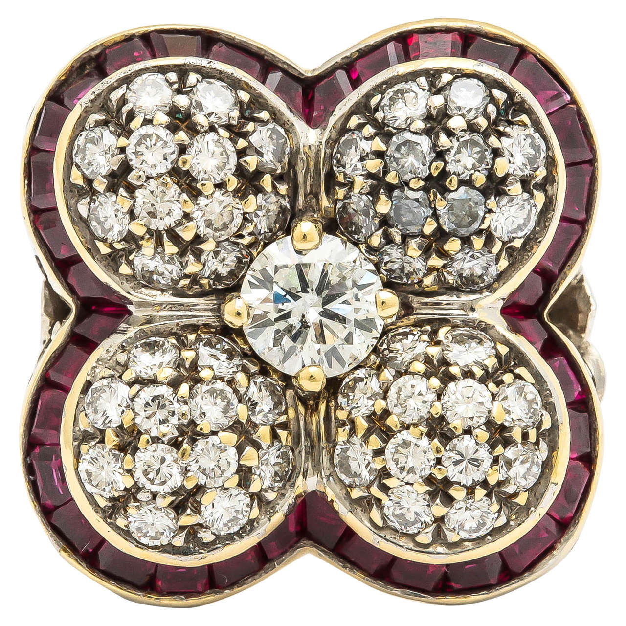 Art Deco Ruby Diamond Gold Platinum Four Leaf floral Cocktail Ring