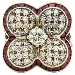 Art Deco Ruby Diamond Gold Platinum Four Leaf floral Cocktail Ring