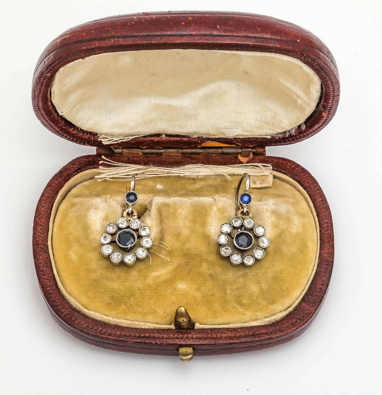 Edwardian Sapphire Diamond Gold Platinum Delicate Flower Earrings In Excellent Condition In New York, NY