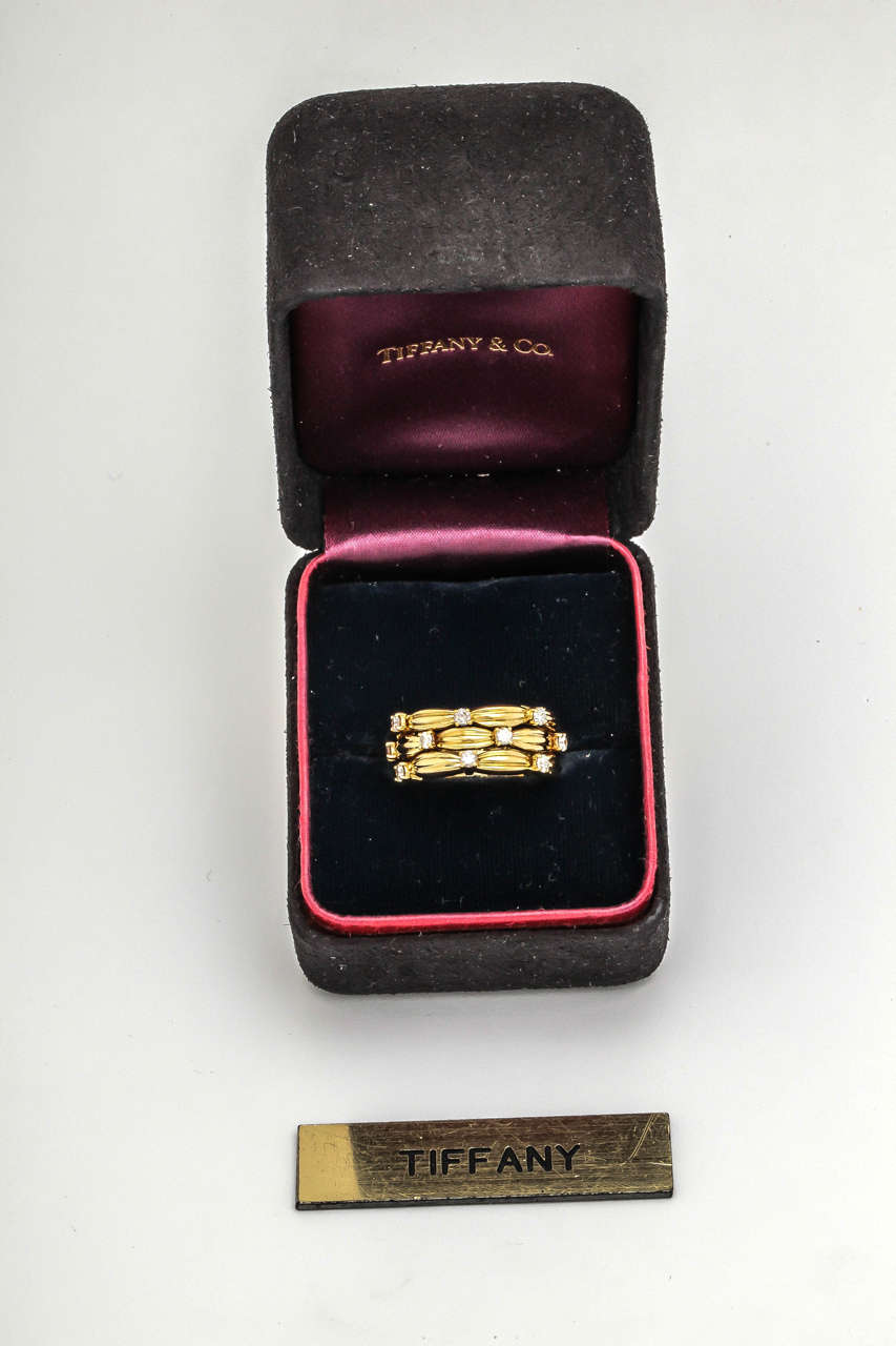 1990s Tiffany & Co. Diamond Textured Gold Three Row Band Ring In Excellent Condition In New York, NY