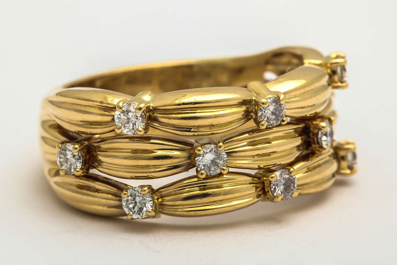 Women's or Men's 1990s Tiffany & Co. Diamond Textured Gold Three Row Band Ring