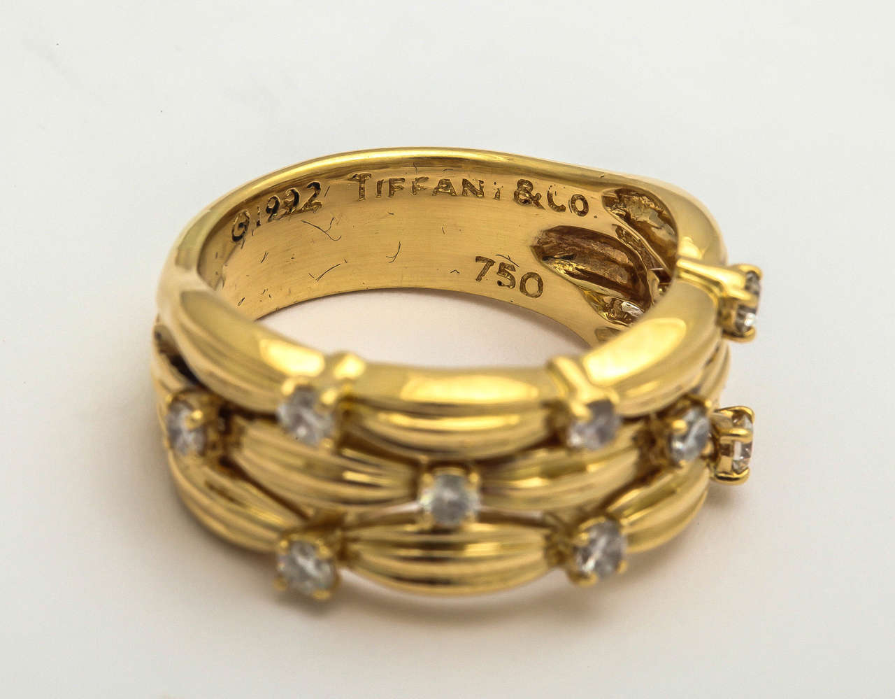 1990s Tiffany & Co. Diamond Textured Gold Three Row Band Ring 1