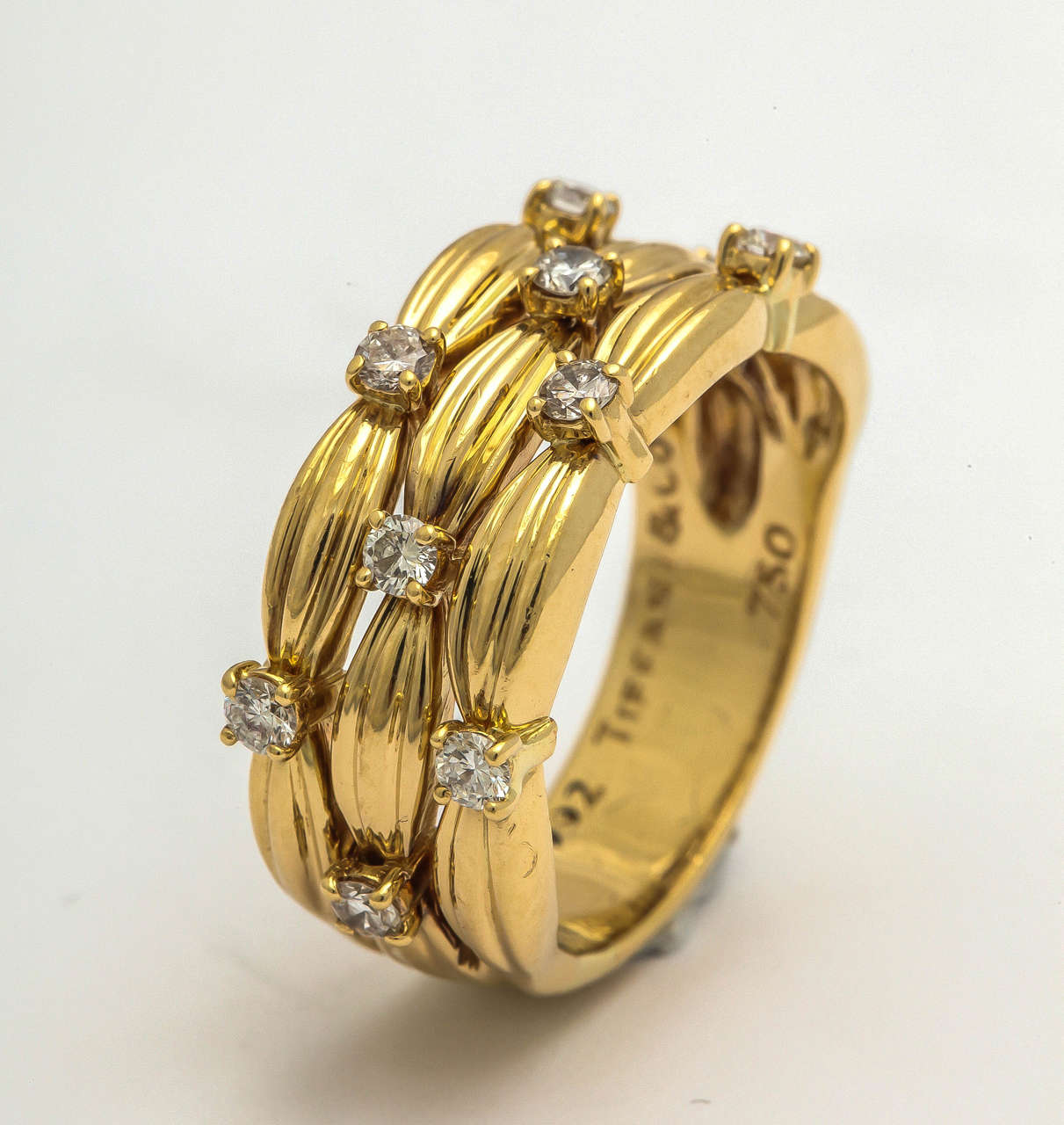 1990s Tiffany & Co. Diamond Textured Gold Three Row Band Ring 2