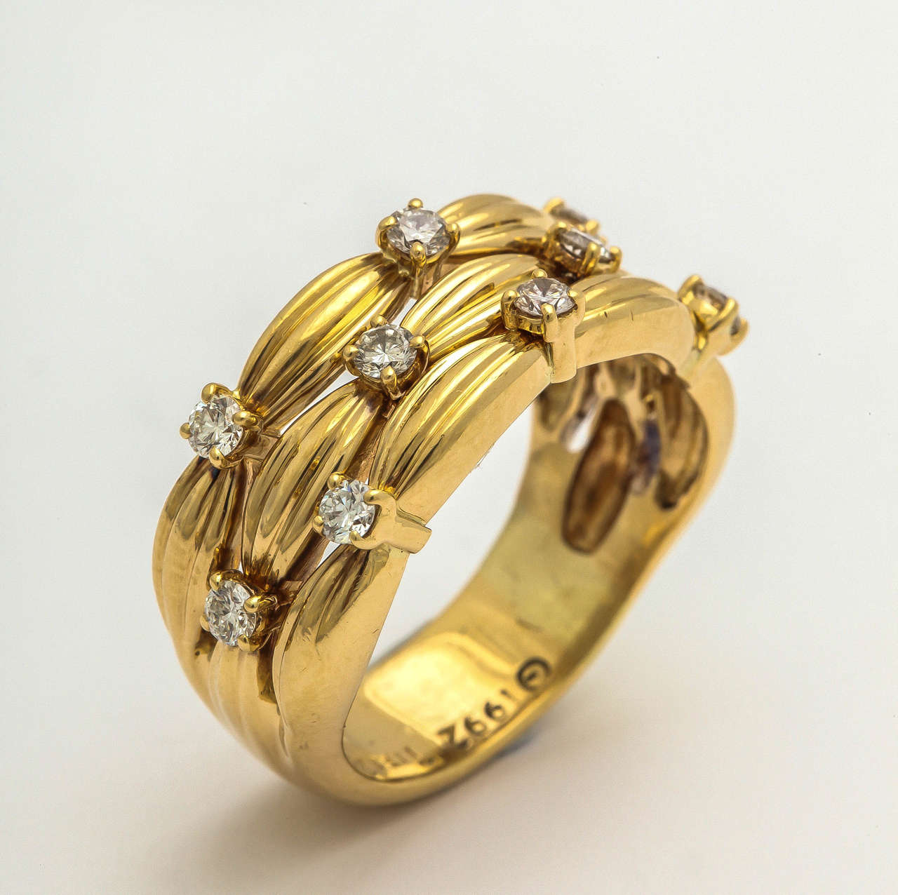 1990s Tiffany & Co. Diamond Textured Gold Three Row Band Ring 4