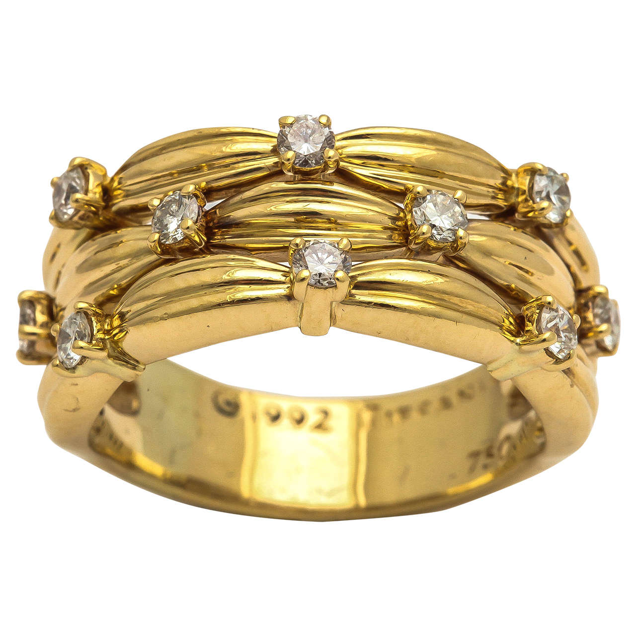 1990s Tiffany & Co. Diamond Textured Gold Three Row Band Ring