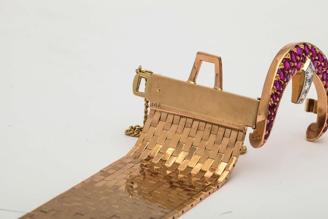 1940s Ruby Diamond Gold Flexible Brick Mesh Buckle Bracelet 2