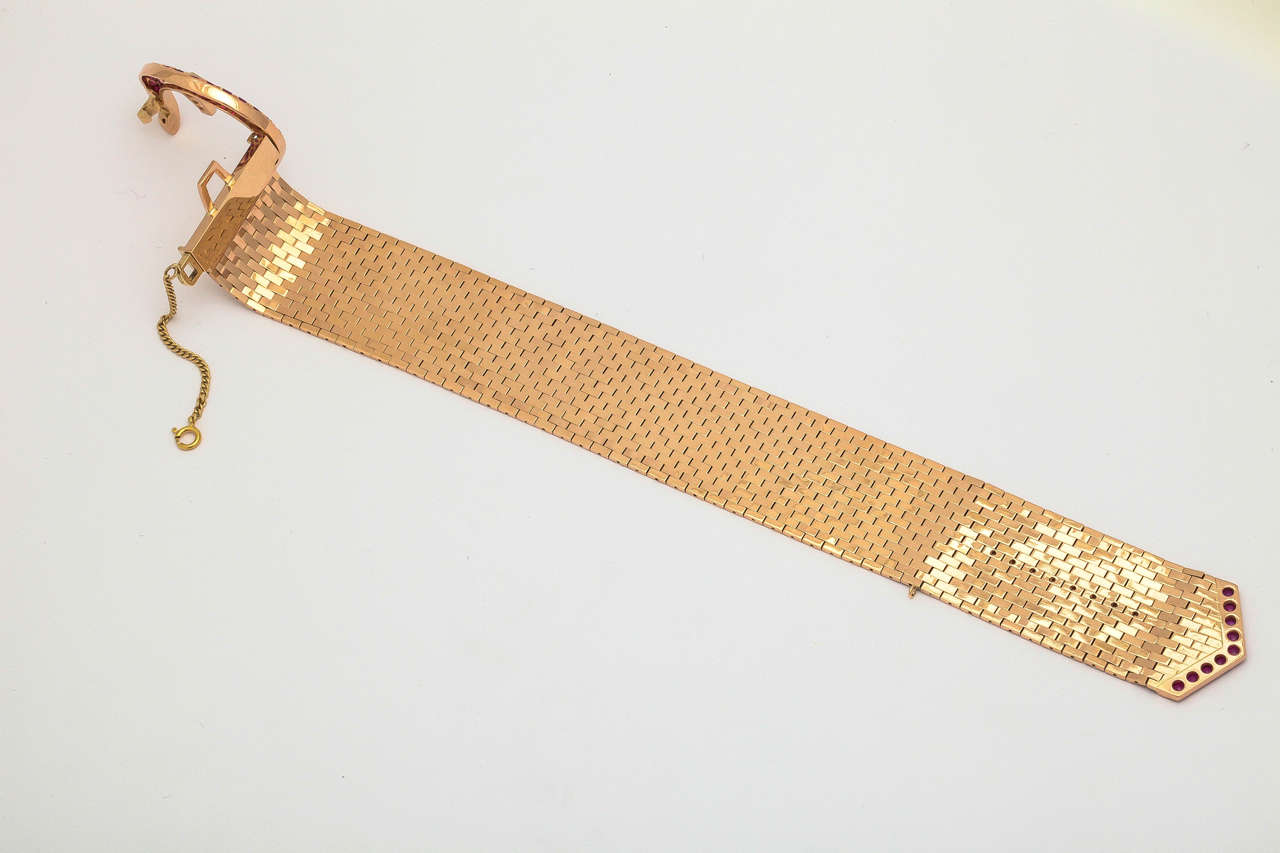 1940s Ruby Diamond Gold Flexible Brick Mesh Buckle Bracelet 3