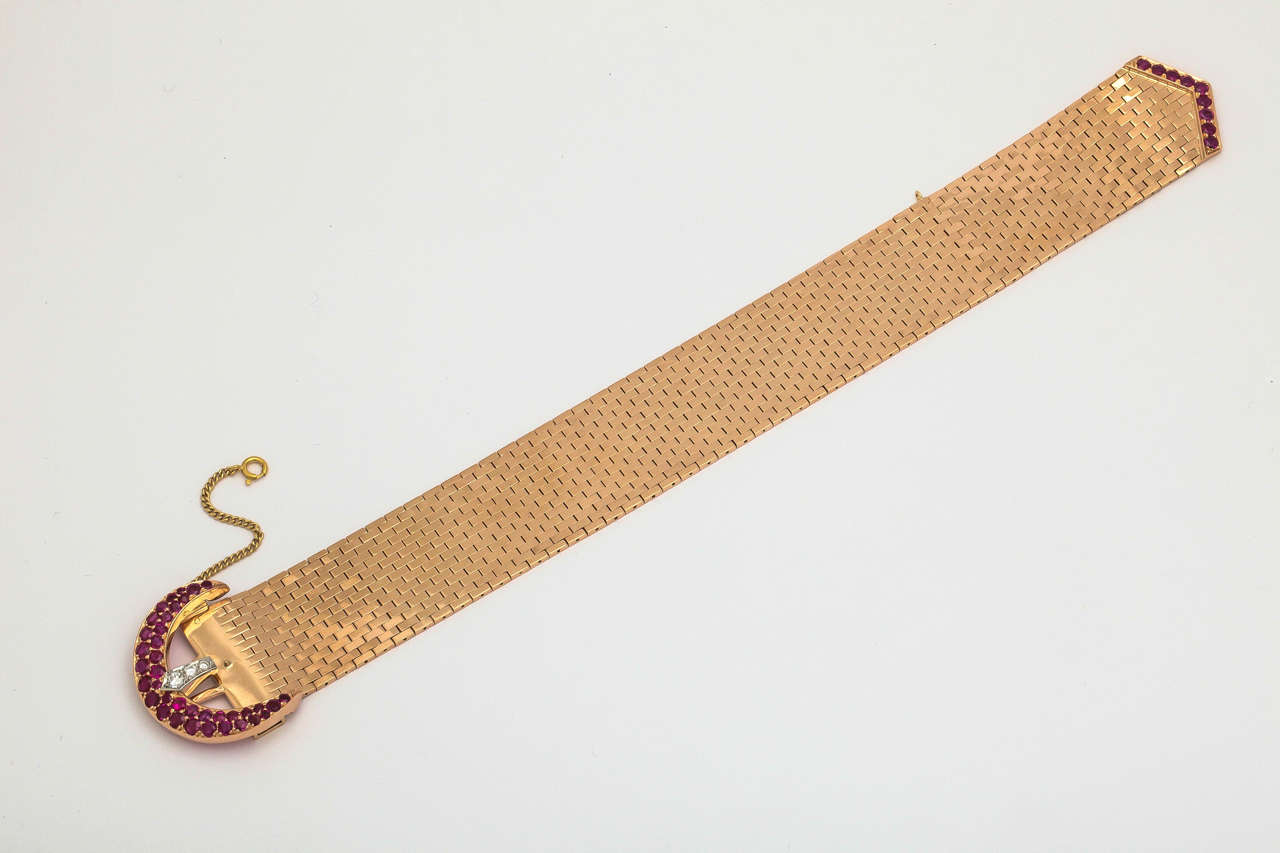 1940s Ruby Diamond Gold Flexible Brick Mesh Buckle Bracelet 4