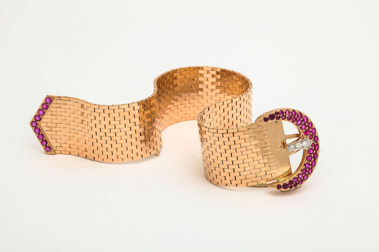 1940s Ruby Diamond Gold Flexible Brick Mesh Buckle Bracelet 6