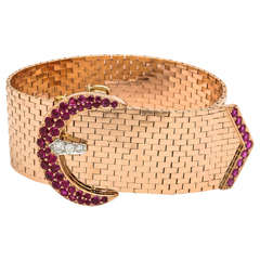 1940s Ruby Diamond Gold Flexible Brick Mesh Buckle Bracelet