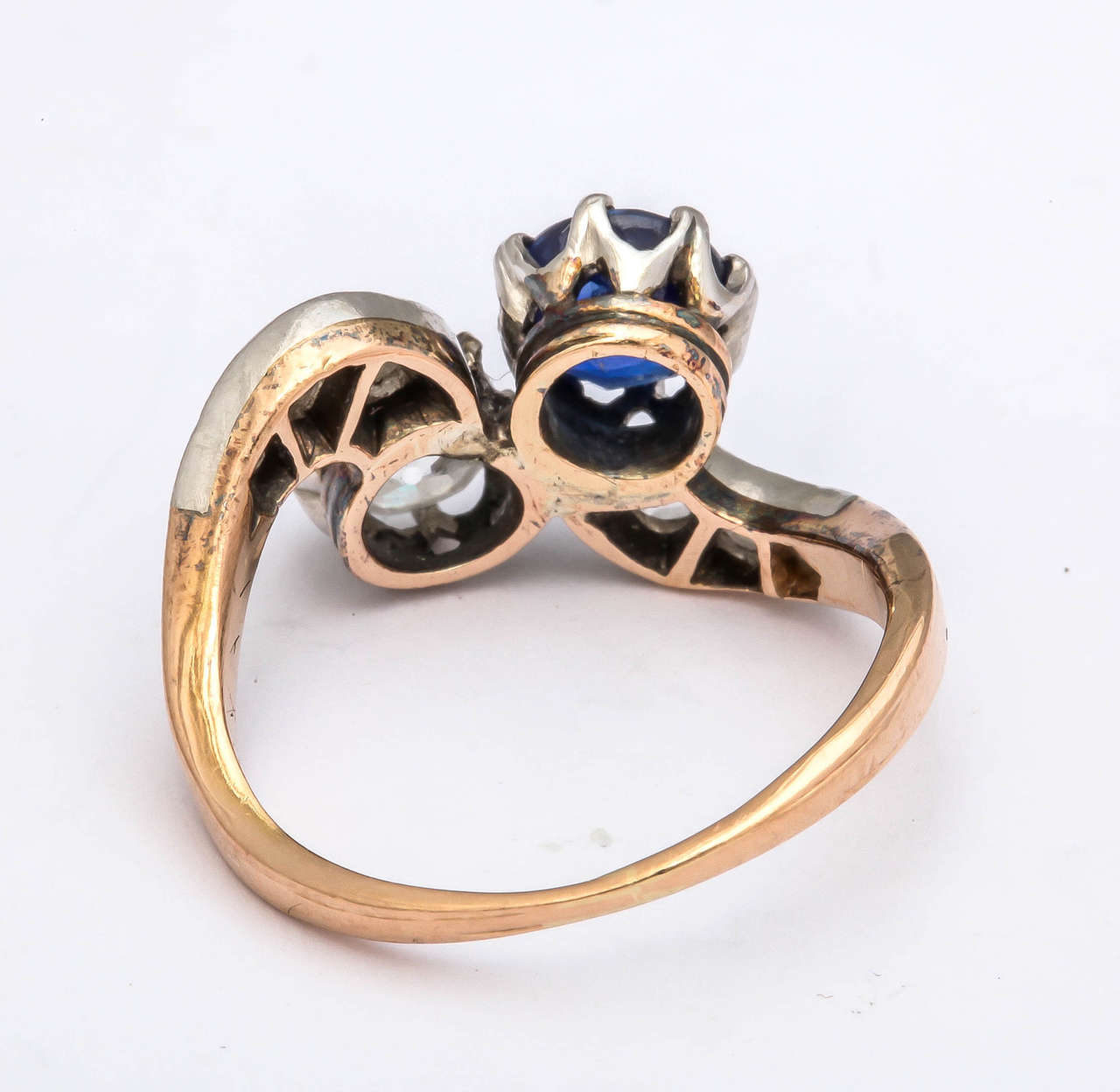 Victorian Antique 1890s French Sapphire Diamond Silver Gold Engagement Ring