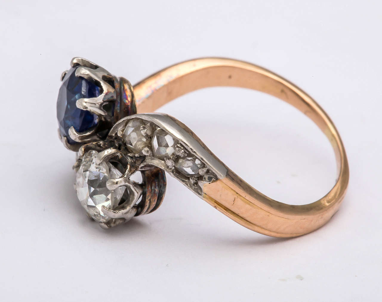 Round Cut Antique 1890s French Sapphire Diamond Silver Gold Engagement Ring