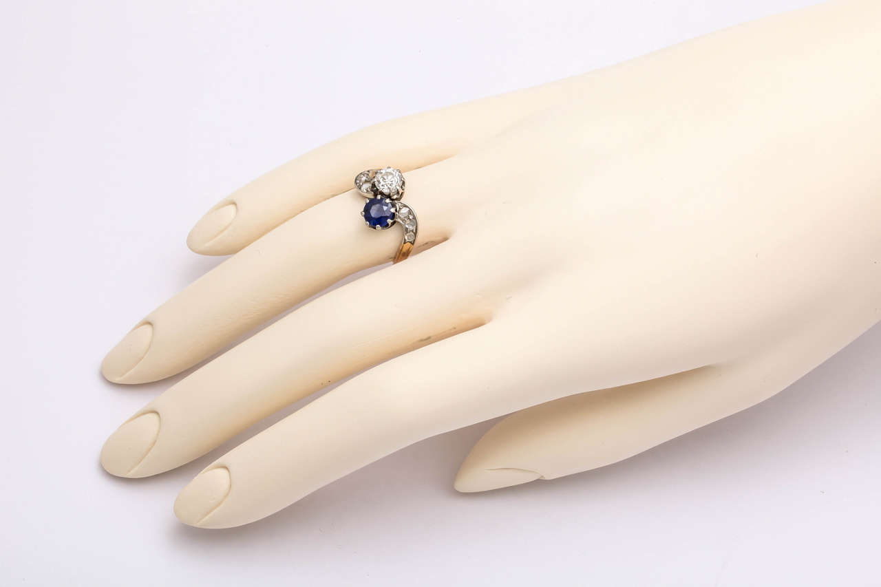 Antique 1890s French Sapphire Diamond Silver Gold Engagement Ring 2