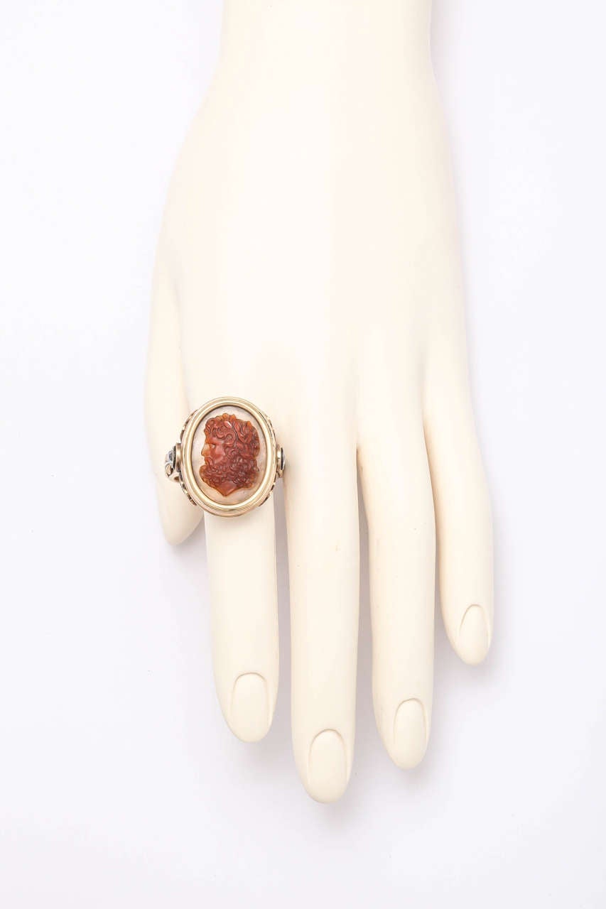 Old European Cut Large Gold Diamond and Carved Cameo Ring, circa 1870 For Sale