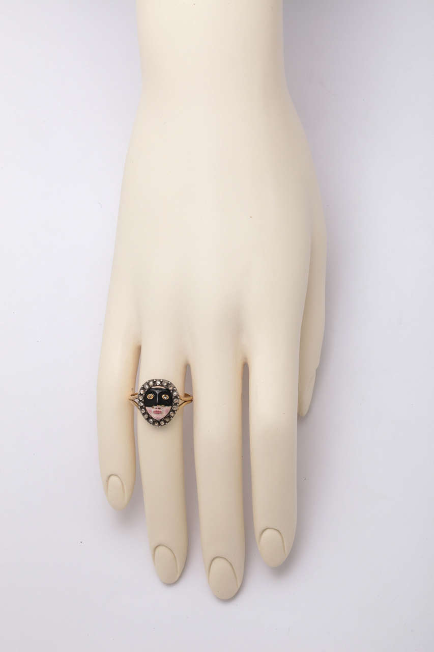 Rose Cut Rare Enamel Diamond 18k Gold Masked Lady Ring, circa 1800