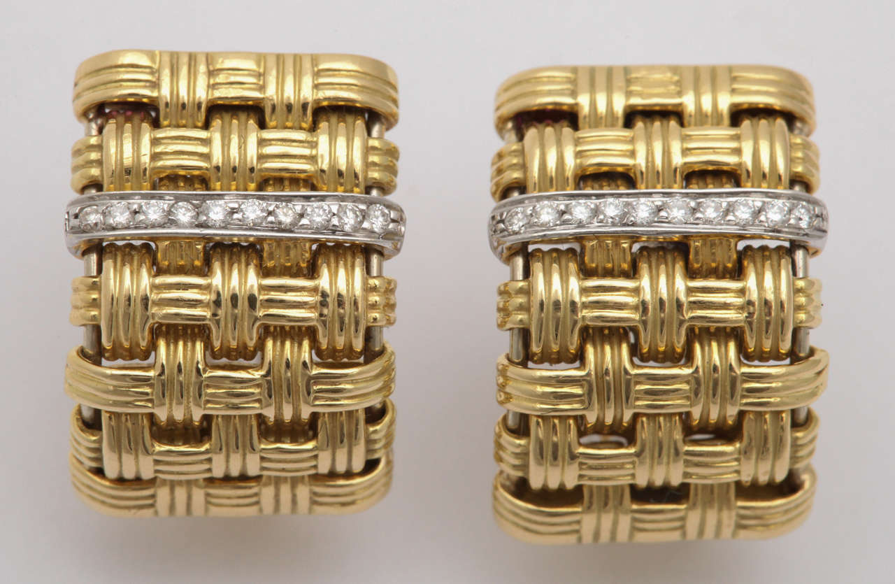 Classic Basket Weave 18kt Yellow Gold & Diamond Earrings with traditional hidden Ruby signature stone on reverse for Roberto Coin.  Each Earring has a band of full cut - clean & white Diamonds.  Very elegant.