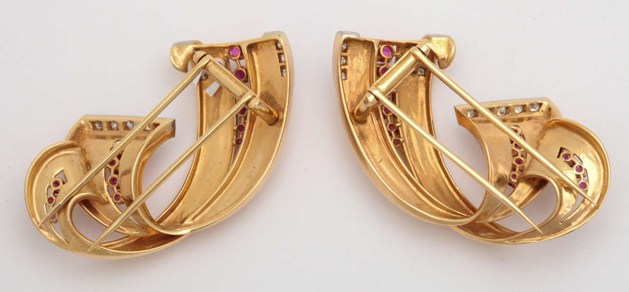 Pair of Scroll Shaped Ruby & Diamond Clips In Excellent Condition In New York, NY