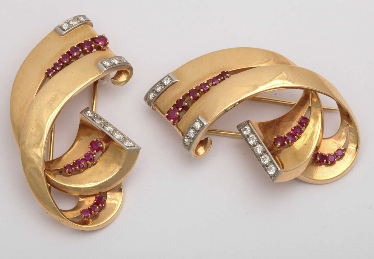 Women's Pair of Scroll Shaped Ruby & Diamond Clips