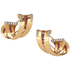 Pair of Scroll Shaped Ruby & Diamond Clips