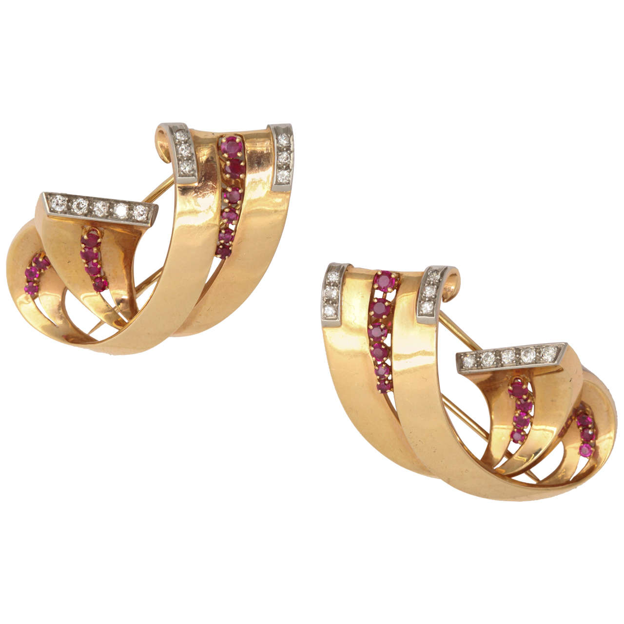 Pair of Scroll Shaped Ruby and Diamond Clips For Sale at 1stDibs