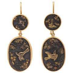 Antique Perfect Shakudo Earrings: Framed Birds in Flight
