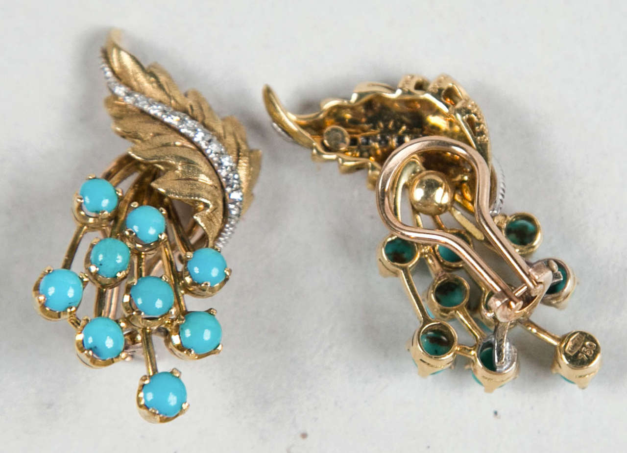 Modern Elegant 1950s Turquoise Gold Earrings