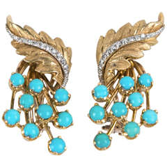 Elegant 1950s Turquoise Gold Earrings