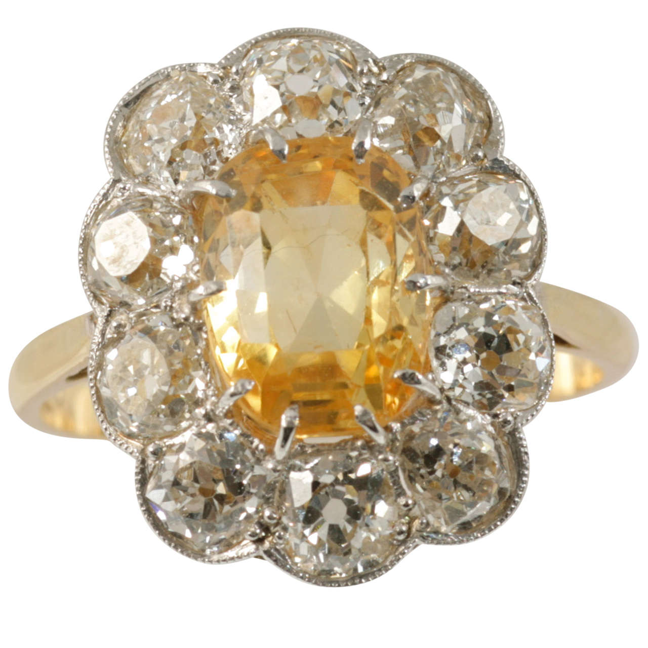 Yellow Sapphire Diamond Cluster Ring For Sale