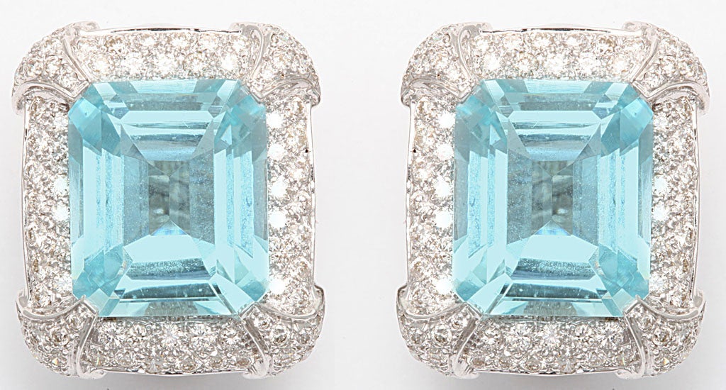 Pair of Aquamarine, Diamond and Platinum Retro clip earrings