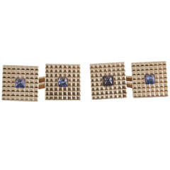 Vintage Pair Of French Gold Cufflinks With Attractive Cabochon Sapphire Centre