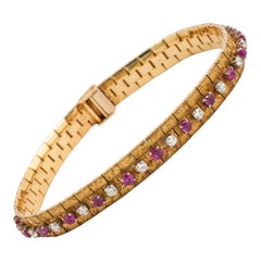 Vintage Bracelet in 18 Carat Gold, Burma Rubies & Diamonds, English circa 1965