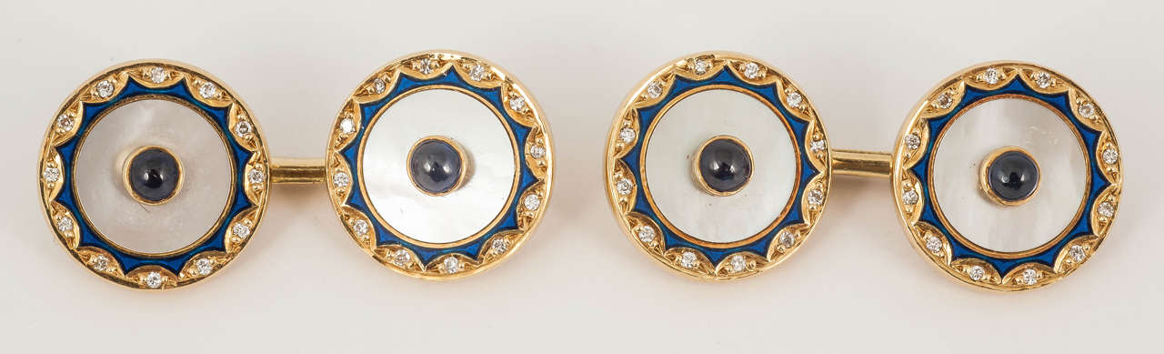 Men's 1960s Alfred Dunhill Enamel Sapphire Diamond Gold Cufflinks