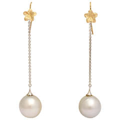 Elegant Long South Sea Pearl Gold Dangle Earrings