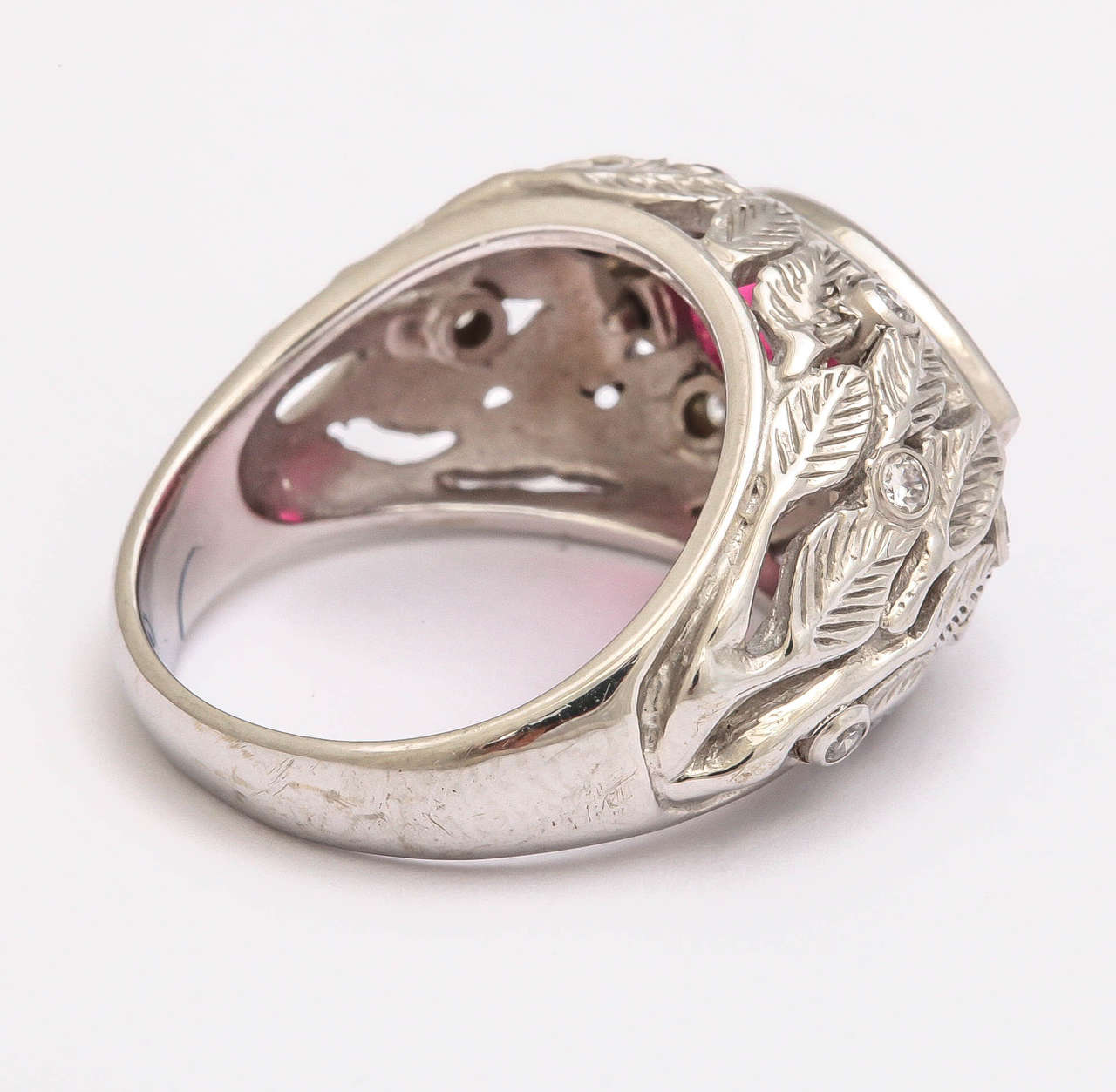 Hot Pink Tourmaline Diamond Gold Carved Leaf Ring In New Condition In TRYON, NC