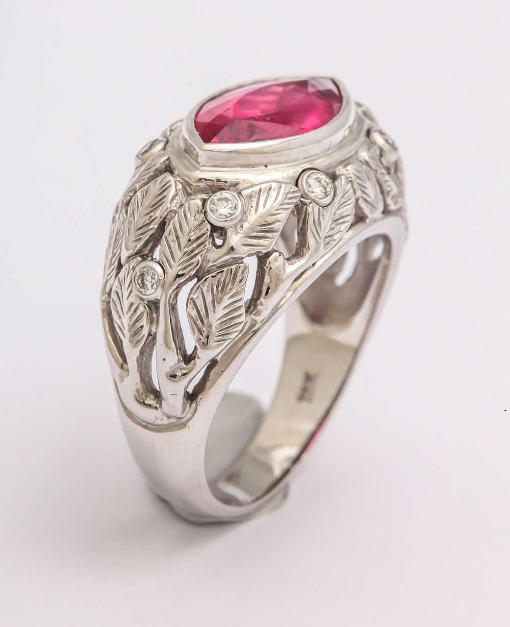 Hot Pink Tourmaline Diamond Gold Carved Leaf Ring 1