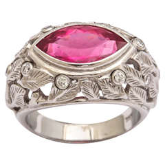 Hot Pink Tourmaline Diamond Gold Carved Leaf Ring