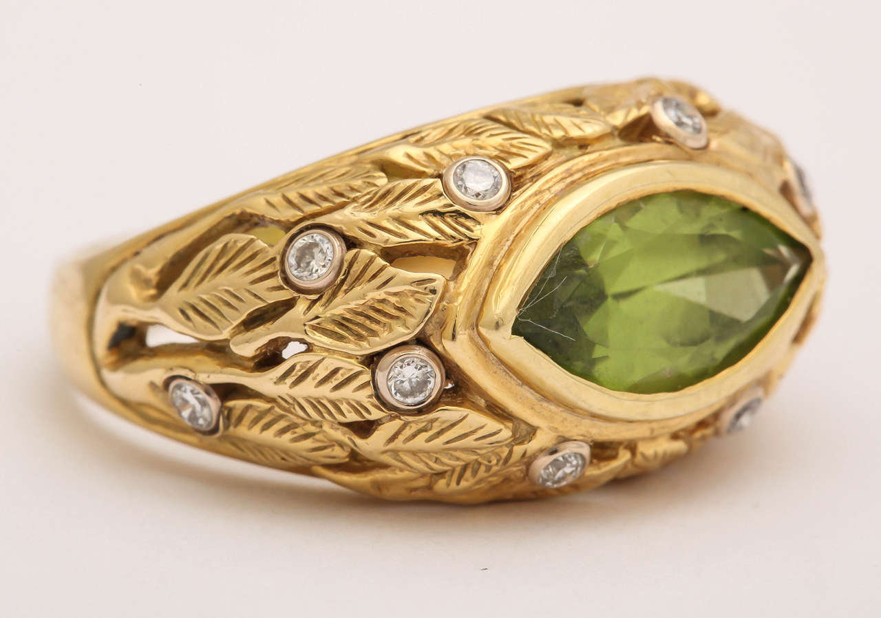 Artisan Peridot Marquise Carved Leaf Design Ring