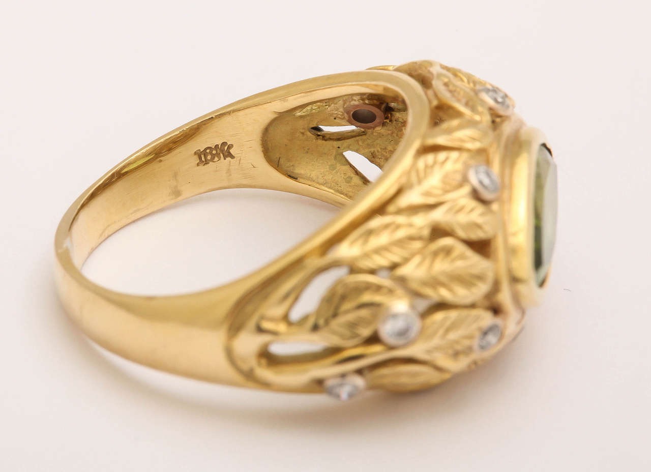 Women's or Men's Peridot Marquise Carved Leaf Design Ring