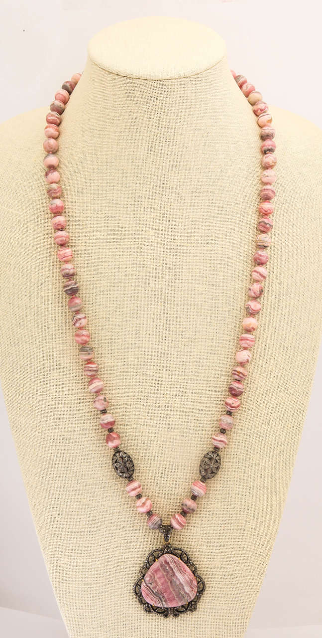 Artisan Stunning Long Rhodochrosite Bead Pendant Necklace For Sale