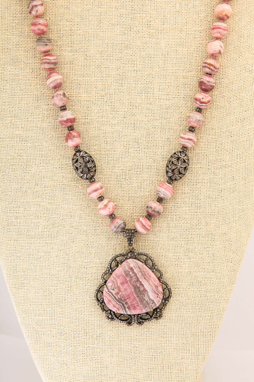 Stunning Long Rhodochrosite Bead Pendant Necklace In New Condition For Sale In TRYON, NC