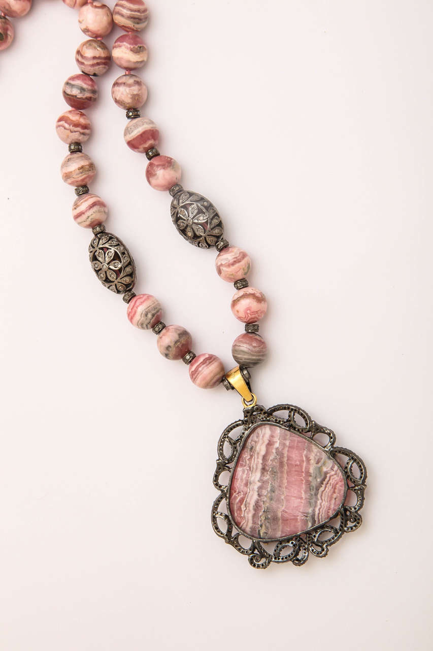 Women's or Men's Stunning Long Rhodochrosite Bead Pendant Necklace For Sale