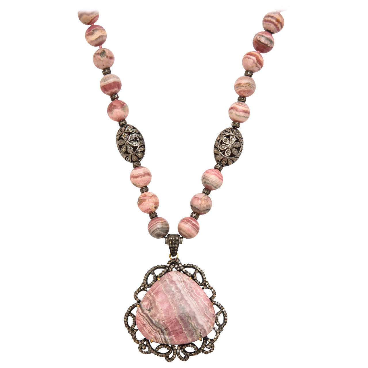 Stunning Long Rhodochrosite Bead Pendant Necklace For Sale