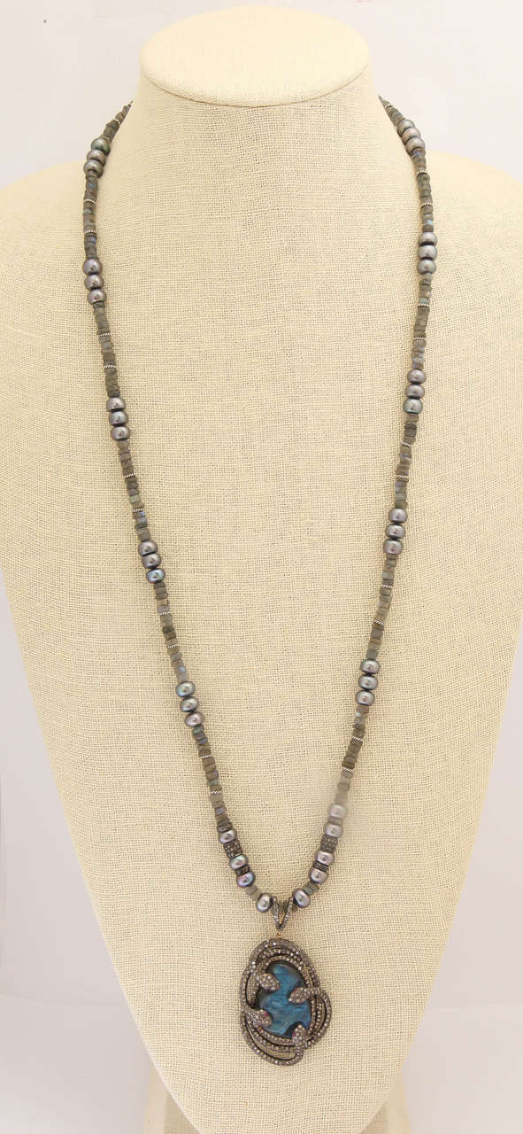Artisan Mysterious Labradorite Pearl Diamond Snake Necklace For Sale