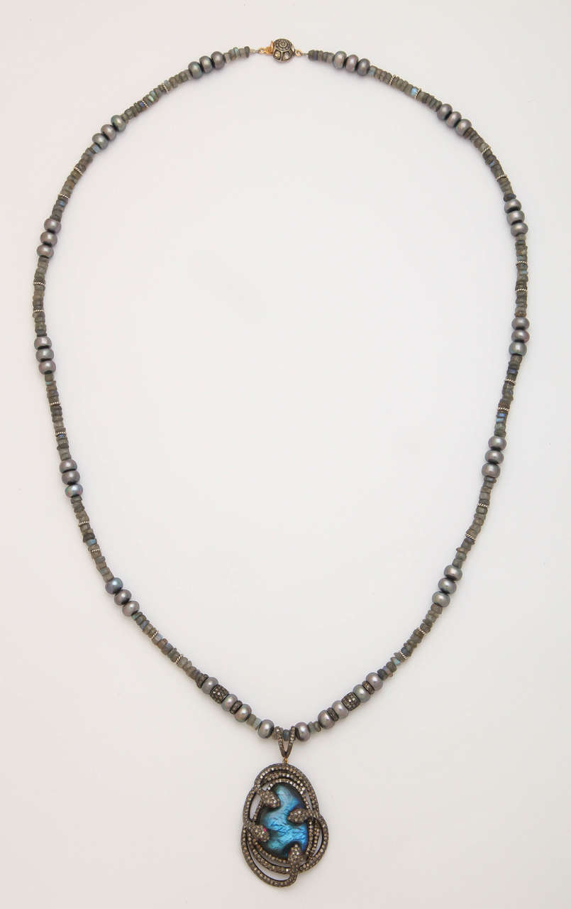Mysterious Labradorite Pearl Diamond Snake Necklace For Sale 2