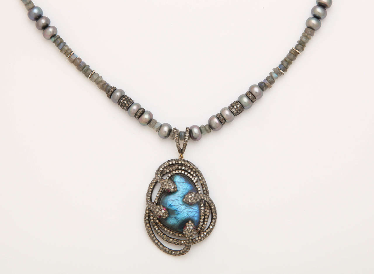 Mysterious Labradorite Pearl Diamond Snake Necklace For Sale 3