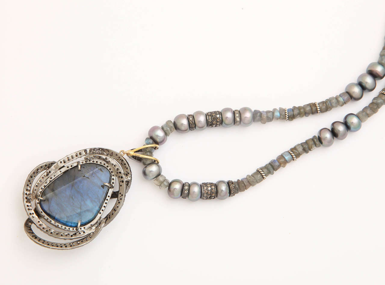 Mysterious Labradorite Pearl Diamond Snake Necklace For Sale 4