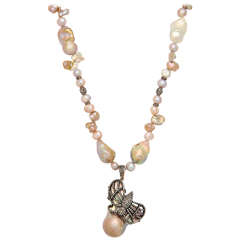 Unusual Pink and Gold Baroque Pearl Necklace