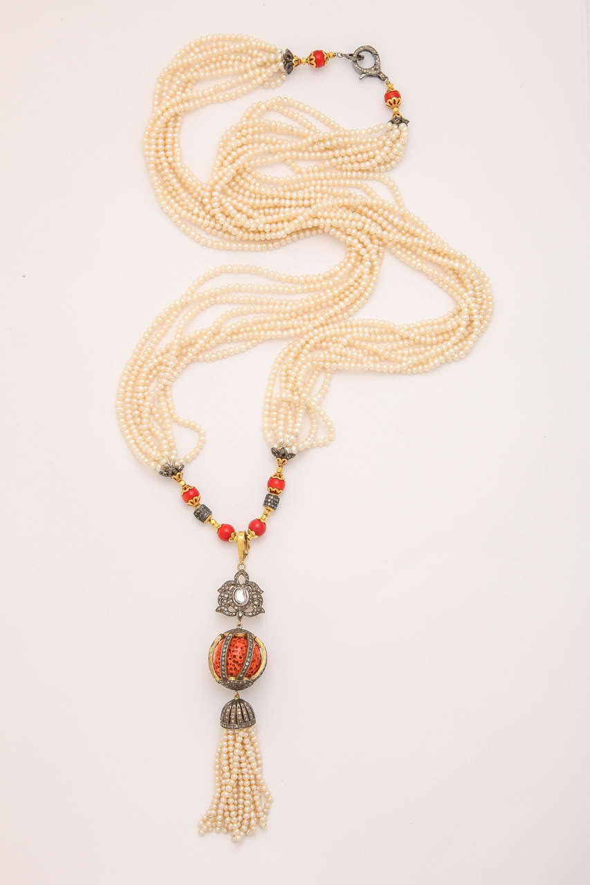 Regal Coral Pearl Diamond Tassel Necklace In New Condition For Sale In TRYON, NC