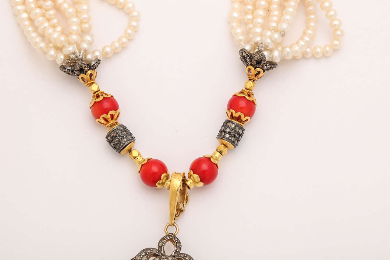 Regal Coral Pearl Diamond Tassel Necklace For Sale 1
